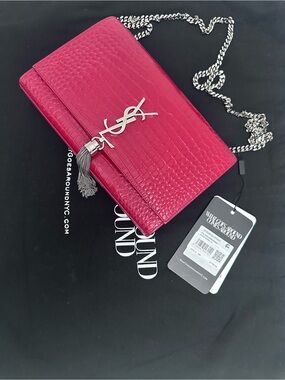 Authentic Saint Lauren Kate Medium Tassel Bag Red Croc Embossed Leather